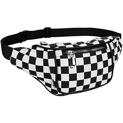 Fanny Pack, PU Waist Fanny Pack Bum Bag for Women Men，Waterproof Waist Pack Retro Neon Fanny Bag for Festival, Rave (Black and White Checkerboard) Cover
