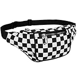 Fanny Pack, Waist Fanny Pack PU Leather Bum Bag for Women Men，Waterproof Waist Pack Retro Neon Fanny Bag for Festival, Rave (Black and White Checkerboard)