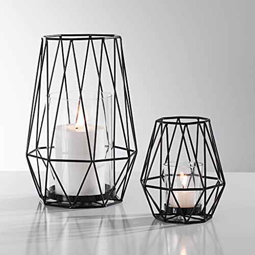 Torre & Tagus Diamond Deco Black Metal & Glass Candle Holder For Pillar Candles - Hexagon Mid Century Modern Geometric Room Decor For Entryway Table, Dining Room Sideboard, Home Office Bookshelf 10" H #TOP5