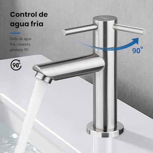 Miniatura 3 de Ibergrif M18103 Grifo De Lavabo Solo Agua Fría, Acero Inoxidable Sus304, Caño Bajo Para Aseo Y Garaje, Cartucho Cerámico 90 , Conexión G3 8 , Gris Mate