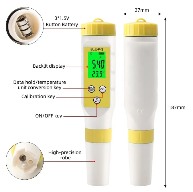 VIHELM BLE-P-3 pH Meter component diagram and dimensions