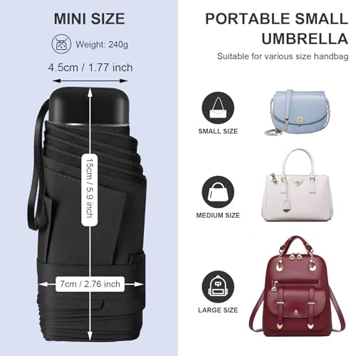 LEAGERA Compact Travel Umbrella with Case - Mini Umbrella for Purse, Small Lightweight &Tiny Design Perfect for Parasol Outdoor Sun&Rain Umbrellas, Black color — view 5