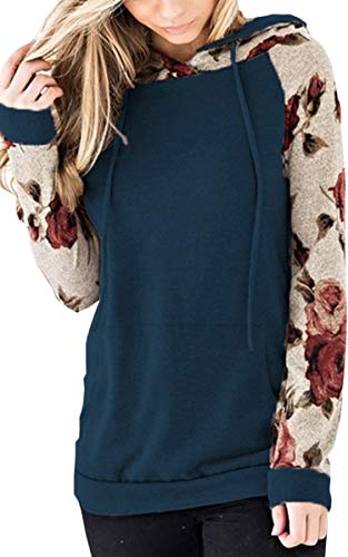Angashion Women's Floral Printed Long Sleeve Pullover Hoodies Sweatshirt Sweaters Tops Blue L
