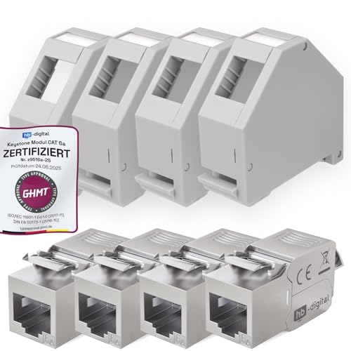 hb-digital Juego de 4 módulos Keystone Cat.6a RJ45 + 4 adaptadores de riel Keystone para riel de sombrero, 35 mm, conector RJ35 apantallado, montaje sin herramientas, Ethernet LAN, red STP LSA