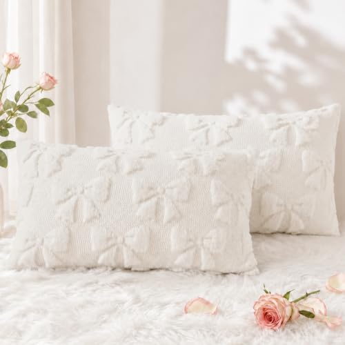 Image of decorUhome Cream White Bow Faux Fur Throw Pillow Covers 12x20 Set of 2