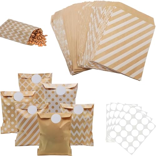 xutong 100pcs Bolsas Papel Kraft,100pcs Pegatina,para Envolver Pan Galletas/Aperitivos et, Bolsas de Papel para Boda Cumpleaños
