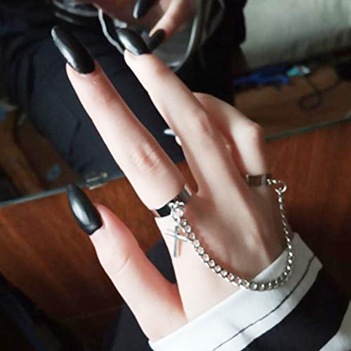 Rings For Men With Chain Cross Adjustable Open Goth Kpop Punk Trendy Mens Double Finger Ring Jewelry For Teens #TOP5