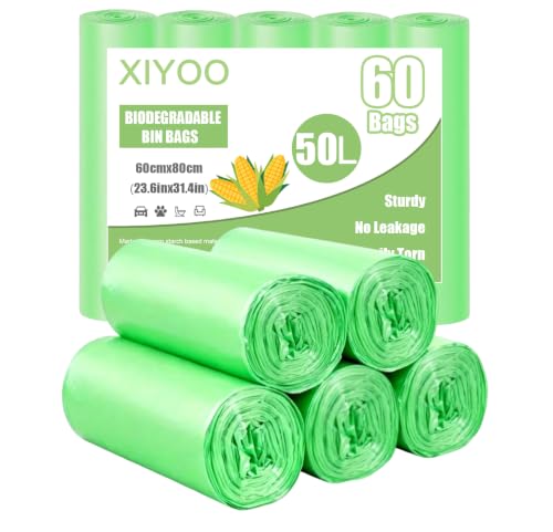 XIYOO Biodegradable Bin Bags 50l Food Waste Bags Compost Bin Liners 60 Counts Large Trash Bag Kitchen Caddy Liner Green