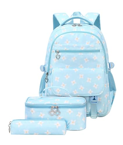 JiaYou Girls Primary School Backpack Sets 3Pcs Daypack Flower Pattern Elementary Bookbag with Lunch Bag Pencil Case(Blue,18 Liters)