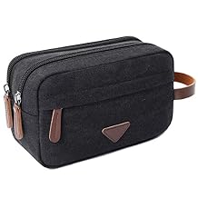 Mactso Mens Toiletry Bag, Vintage Canvas Leather Travel Dopp Kit with 2 Compartments, Heavy Duty Zipper, 9.5x5.5x4 Inch Retro Shaving Makeup Organizer for Business Travel Gym Camping Black