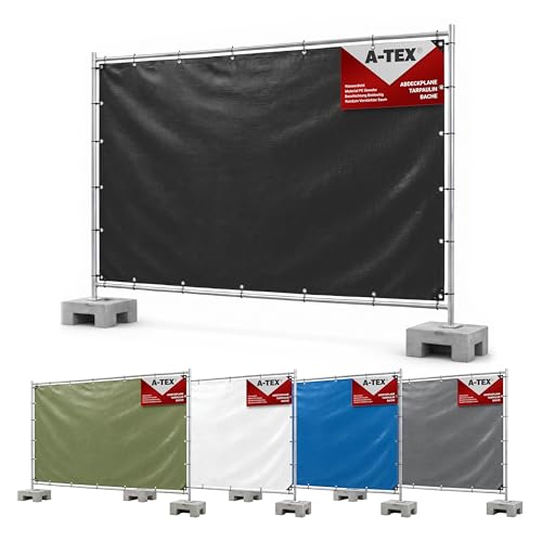 A-TEX Bauzaunplane 140g/m (Schwarz 1 76 x 3 41 m) I Größe und Farbe wählbar I Für Standardmaß Bauzaun I Wasserdicht & Blickdicht I Abdeckplane m. Ösen I Reißfest | UV-stabilisiert