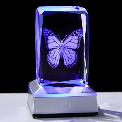 Image of 3D Crystal Butterfly for Mom Women or Men, Laser Etched Glass Butterfly Figurine Decor Stuff with Colorful LED Base Nature Lovers Keepsakes Paperweight Gifts for Birthday