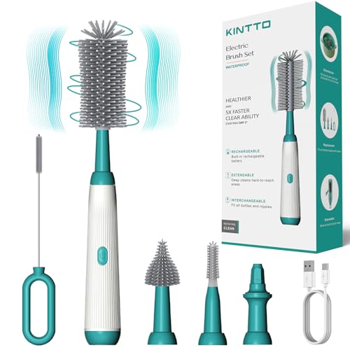 Image of KINTTO Electric Bottle Brush Cleaner with Rechargeable, Cleaning for Baby/Water/Wine/Thermos Bottles, Waterproof 2 Nipple and Straw Silicone Brush 1500mAh