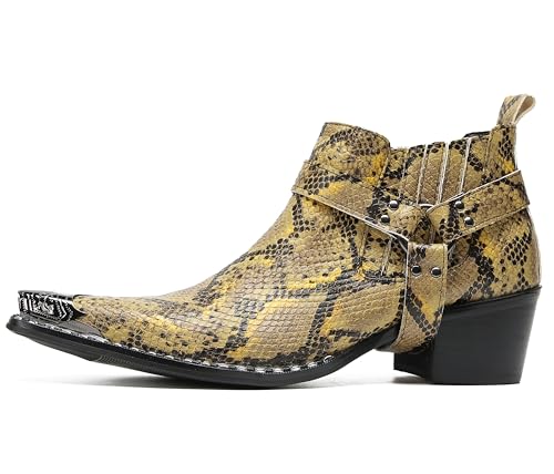 Santimon Chelsea Boots Men Casual Party Dress Genuine Leather Metal Pointed Toe Silp On Snake Print Cowboy Boots Fashion Buckle Ankle Western Boots for Men2
