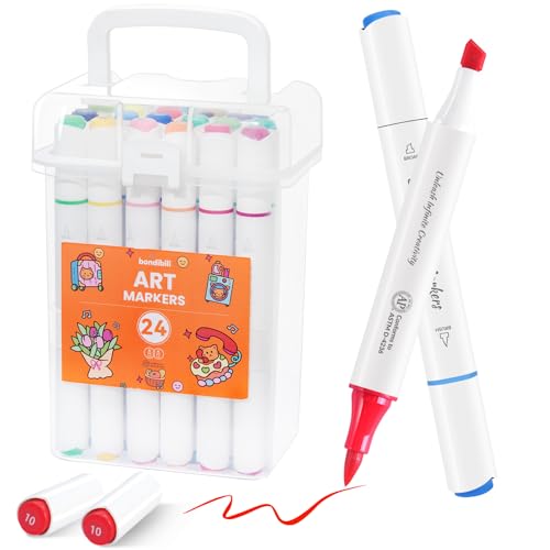 bondibili Alcohol Markers Brush Tip 24 Colors - Dual Tip Art Coloring Marker Set with Clear Box