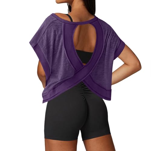 Image of UNIANKIYA Open Back Workout Tops for Women Loose Fit Athletic Crop Tee Short Sleeve Gym Running Yoga Shirt