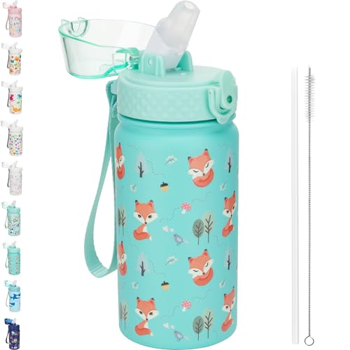 GOPPUS 420ml/14oz Kids Insulated Water Bottle with Straw Cute Double Wall Stainless Steel Child's Small Flask Vacuum Insulated Steel Metal Leak Proof Drink Flask Boys Toddler Girls Bottles BPA-Free