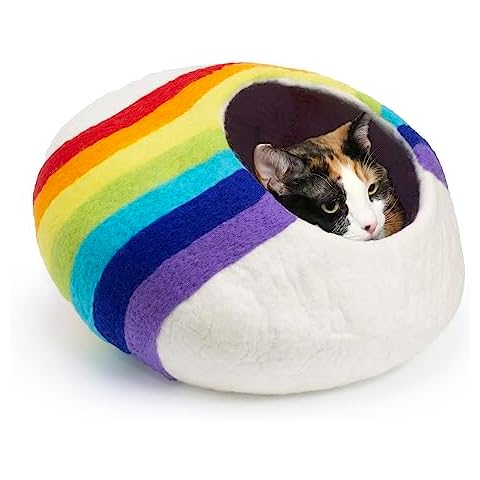 Wool Cat Cave Bed - Eco Kitty Cave - Eco Friendly, Fair Trade, Handmade, Organic Cat Hideout - 20" Extra Large (X-Large, Rainbow) Cover