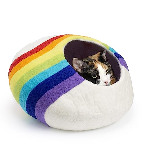 Wool Cat Cave Bed - Eco Kitty Cave - Fair Trade, Handmade, Organic Cat Hideout - 20" Extra Large (X-Large, Rainbow)