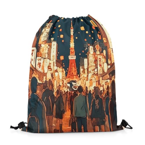jejeloiu Japanese Street Drawstring Backpack 13"x15.7" Tokyo Night Sports Gym String Bag Anime Tower Drawstring Bags Black Yellow Waterproof Cinch Bag Sports Drawstring Sackpack2