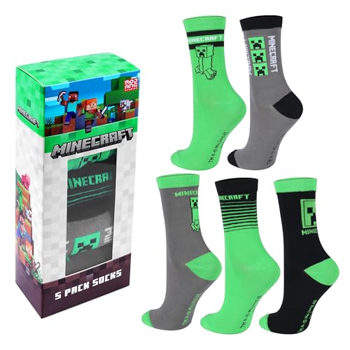 Minecraft Socken: Creeper Design 3er Set Grün Jungen 35-38 Regular Hochwertige Baumwolle Elastischer Bund Komfortable Passform