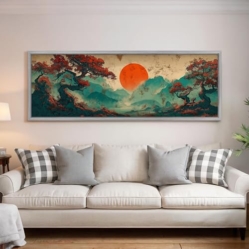 Tableau japonais vintage Soleil rouge : toile paysage montagne 50x150 cm