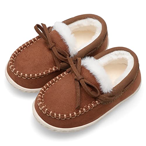 Scurtain Unisex Kids Toddler Suede Moccasin Slippers for Boys Girls Baby Lined with Warm Fur House...