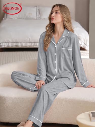 Image of SWOMOG Womens Pajamas Set Long Sleeve Sleepwear Button Down Nightwear Soft Cotton Pj Lounge Sets