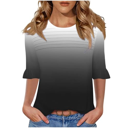 Womens Tops Dressy Casual Round Neck Pleated Front Blouse Cute Print Ruffle Bell Sleeve Shirt Tunic Cotton Pullovers