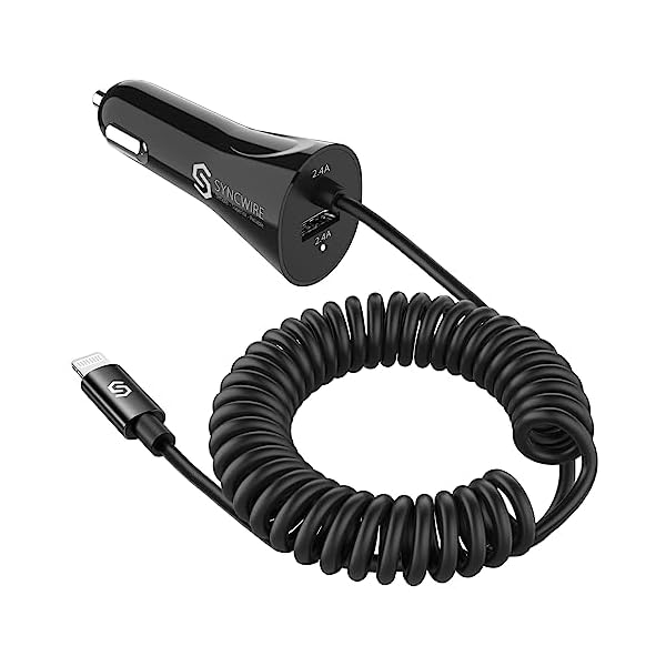 Syncwire iPhone Car Charger – Upgrade [Apple MFi Certified] 4.8A/24W Car Charging Adapter with Built-in Coiled Lightning Cable for Apple iPhone 14/13/12/11/Xs/XS Max/XR/X/8/7/6 Plus, iPad & More