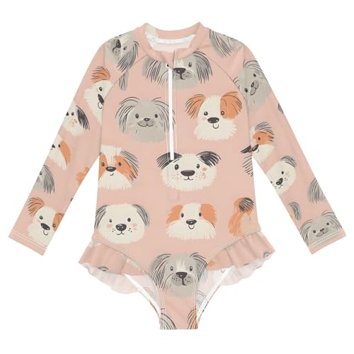 ALAZA Swimsuit for Girls Long Sleeve Rashguard Bathing Suit Dog Head Quick Dry 4T