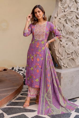 Image of MIRCHI FASHION Women's Straight Fit Pure Cotton Embellished Floral Printed Kurta Set with Dupatta and Trouser