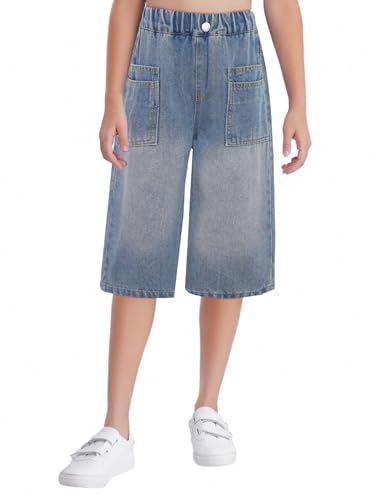 Kids Girls Capri Denim Pants High Waist Wide Leg Cropped Jeans Midi Trousers with Patch Pockets