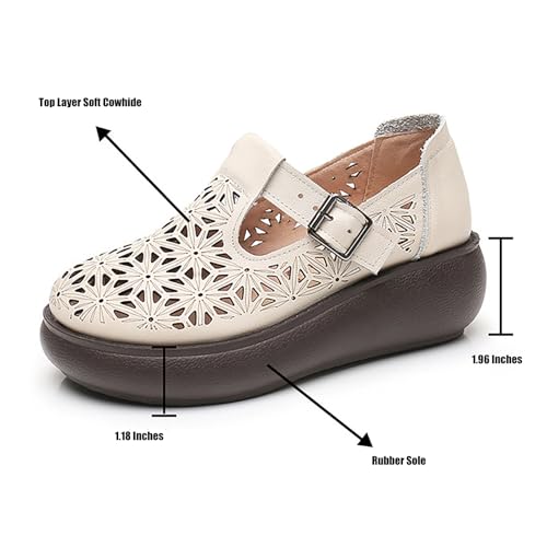 Women's Leather Hollow Platform Mary Janes Adjustable Hook and Loop T-Strap Casual Breathable Chunky Wedge Arch Support Pumps Comfortable Soft Soled Work Dress Dress Walking Shoes3