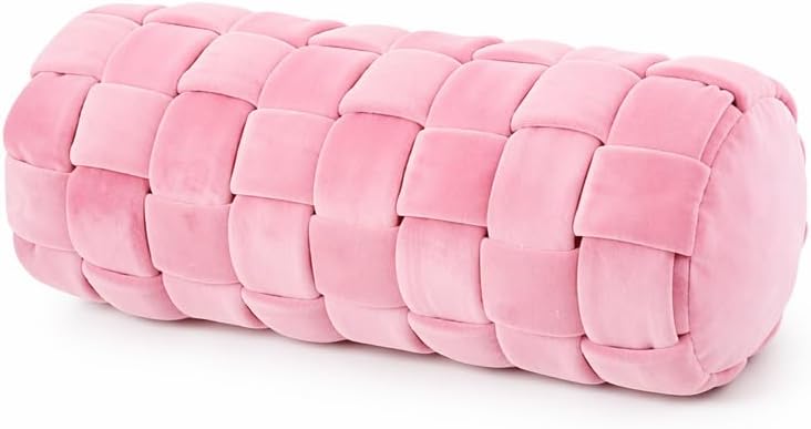 Soft Cylinder Lumbar Pillow, 15.7 x 5.9 Inch Hand-Woven Velvet Neck Roll Pillow, Polyester Fiber Filled for Neck Back Leg Relaxation, Decorative Throw for Couch Sofa Bed Office (Pink)