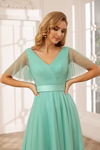 Miao Duo Women's Flutter Sleeve Sky Blue Bridesmaid Dress Long Ruched Tulle V Neck Formal Dress For Wedding Sky Blue 00 #TOP4