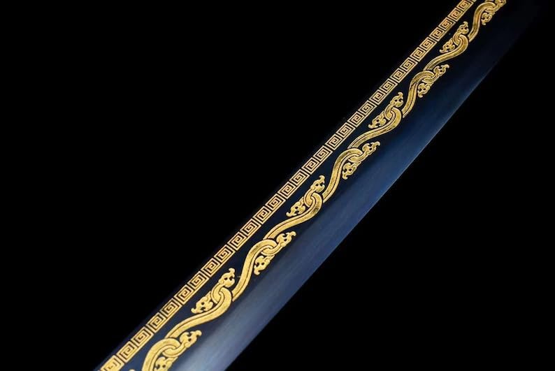 SHZBZB Blue Scabbard Roasted Blue Golden Blade Anime Samurai Sword Handmade Engraving Pattern high Manganese Steel Warrior Knife Katana Sword Gift
