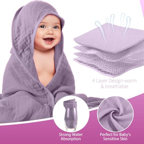 Image of Preboun 4 Pcs Muslin Hooded Baby Towels,32 inchx 32 inch Cotton Newborn Bath Towel Muslin Infant Baby Blankets Absorbent Unisex Newborn Registry Gift for Girls Boys(Purple Series)