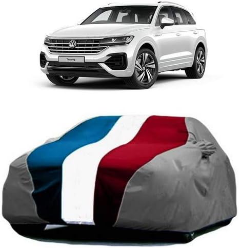 DRIZE Car Cover for Volkswagen Touareg with Triple Stitched Fully Elastic Ultra Surface Body Protection (Baklol Red Blue Gray with Mirror Pockets)