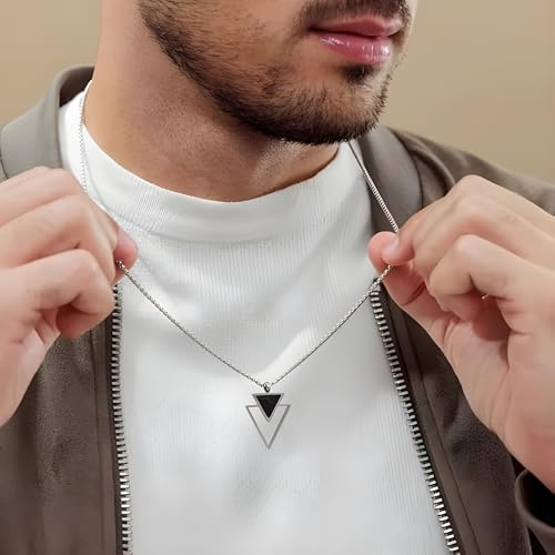 Image of Moon Bucks Anti Tarnish Stainless Steel Midnight Charisma Triangle Shape Locket Neck Chain for Men | Stylish Pendant Necklace | Jewellery Accessories for Boys | Minimal Jewelry | Locket for man and boys