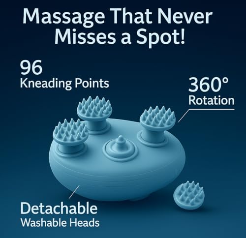 Image of Episkey Reviver Electric Scalp & Head Massager | 4 Rotating Kneading Heads with 96 Soft Silicone Nodes (Detachable & Washable) | Cordless Rechargeable Handheld for Relaxation & Stress Relief
