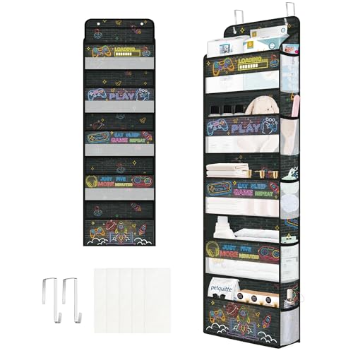 Clastyle Game Over the Door Organizer Nursery Hanging Storage Organizer for Boys Clothes Diaper Toy Closet Door Hanging Shelf Storage for Bedroom Bathroom Pantry, Fluorescent, 5-Tier