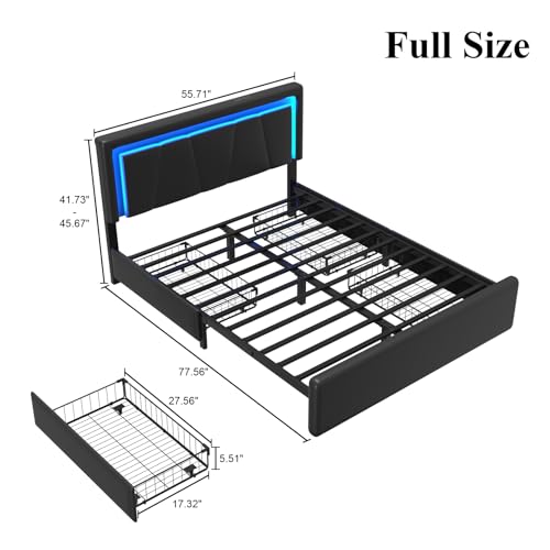 Image of Full Size Bed Frame with 4 Storage Drawers, Upholstered Headboard, Black