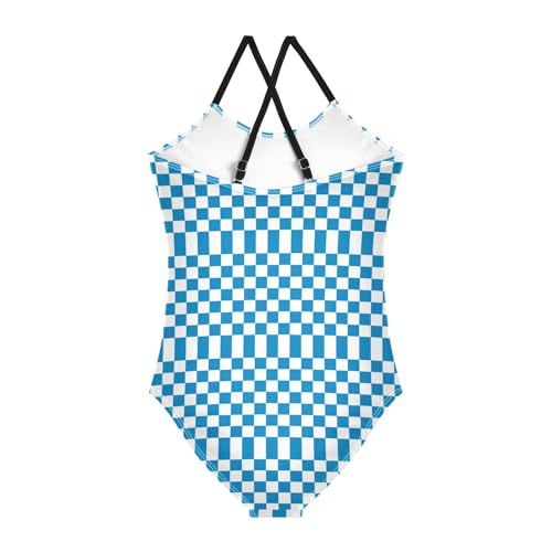 Image of Black and White Chess Girls One Piece Swimsuits Board Marble Tile Sport Halter Swimwear Beach Bathing Suit 3T