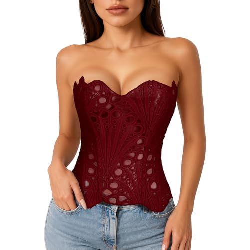 LEACOOLKEY Lacework Corset Top for Women Sexy Textured Sheer Floral Lace Bustier Going Out Lace-up Corset Overbust Top