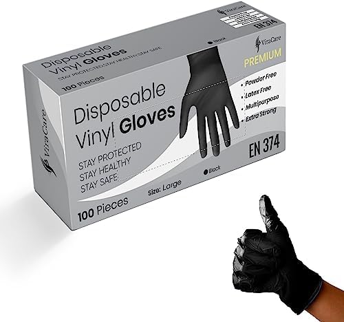 100 x Black Premium Disposable Gloves | Double Thickness | Vinyl Gloves Disposable | Latex free Gloves | Powder Free Gloves | Black Gloves Disposable | (Large, 1 Pack of 100)