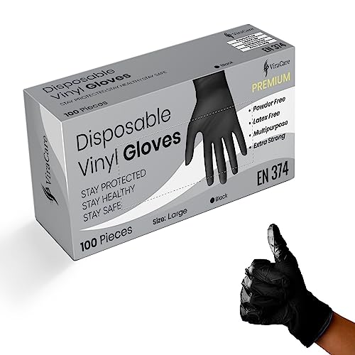 100 x Black Premium Disposable Gloves | Double Thickness | Vinyl Gloves Disposable | Latex free Gloves | Powder Free Gloves | Black Gloves Disposable | (Large, 1 Pack of 100)