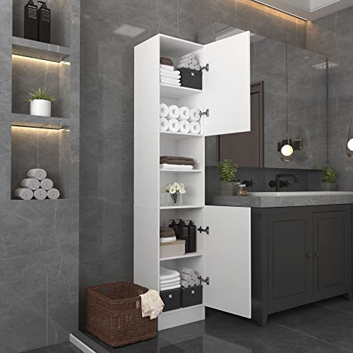 Rarzoe Tall Kitchen Pantry Cabinet, Linen Tower Narrow Freestanding Bathroom Storage Cabinet With Cupboards & 5 Tier Adjustable Shelves For Kitchen Bathroom Living Room Bedroom Office, White #TOP7