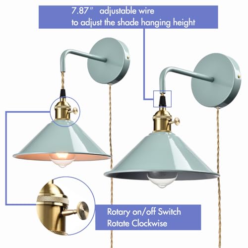 Image of Sea Green Wall Sconce 2-Pack, Hanging Height-Adjustable Wall Lamp, Plug-in&Hardwire Optional Wall Light Fixture with On /Off Switch for Bedroom Coffee Bar
