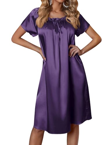 Image of Ekouaer Women's Satin Silk Pleated Nightgown Loose Sleepwear Printed Nightshirt Short Sleeve Sleep Dress